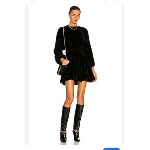 Black Velvet Long Sleeve Mini A-line‎ Dress Pockets Elastic Waist Size L Moto,